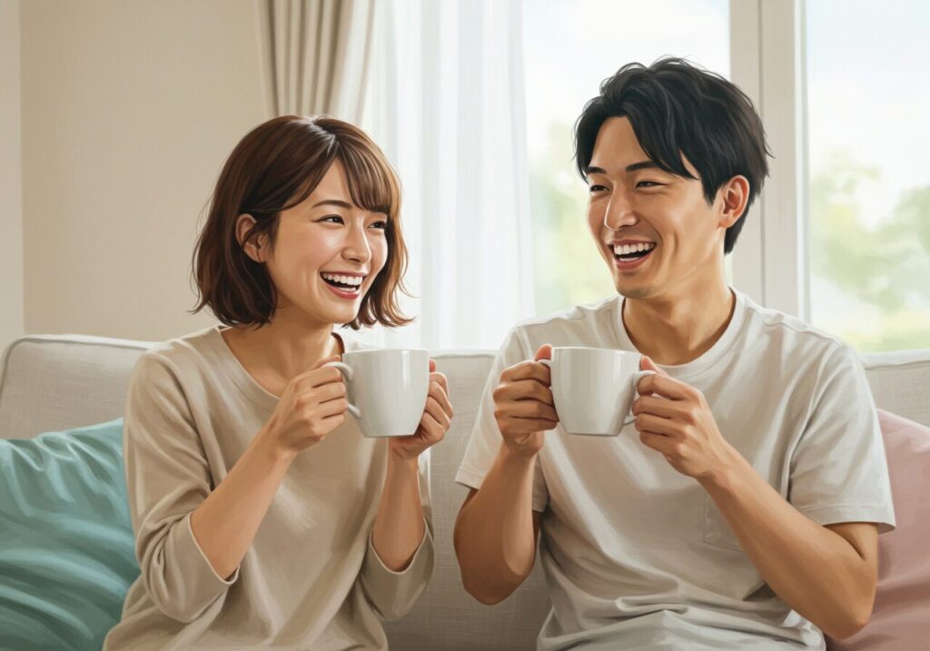 仲良くコーヒーを飲みカップル
