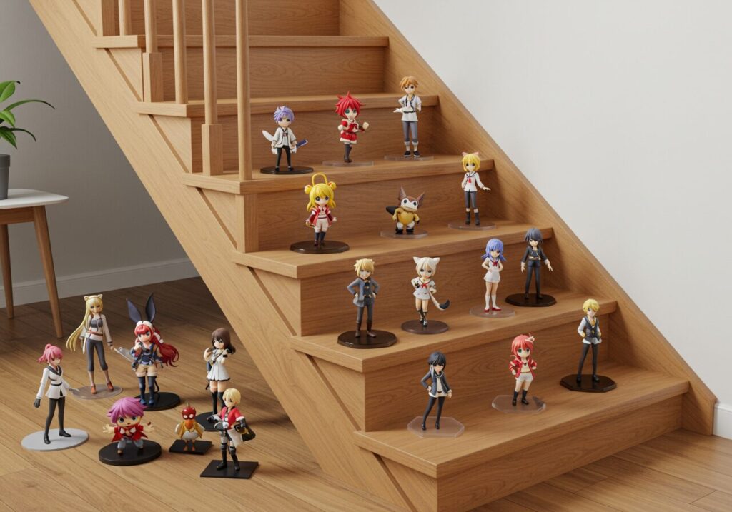 階段にフィギュアを飾っている