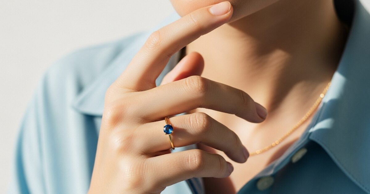 ブルースピネルのリングをしている女性