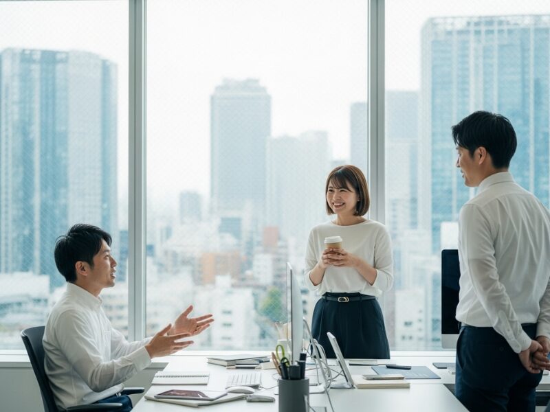オフィスで同僚と談笑している画像
