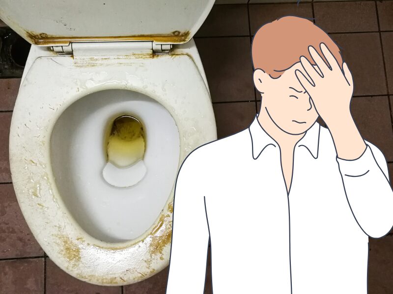 汚れたトイレに頭を抱える男性画像