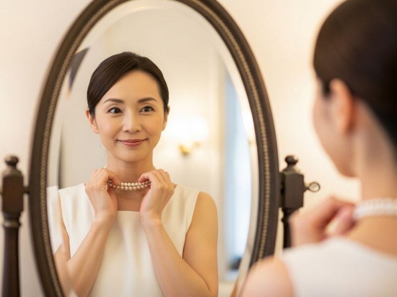真珠のネックレスをつけている日本人女性