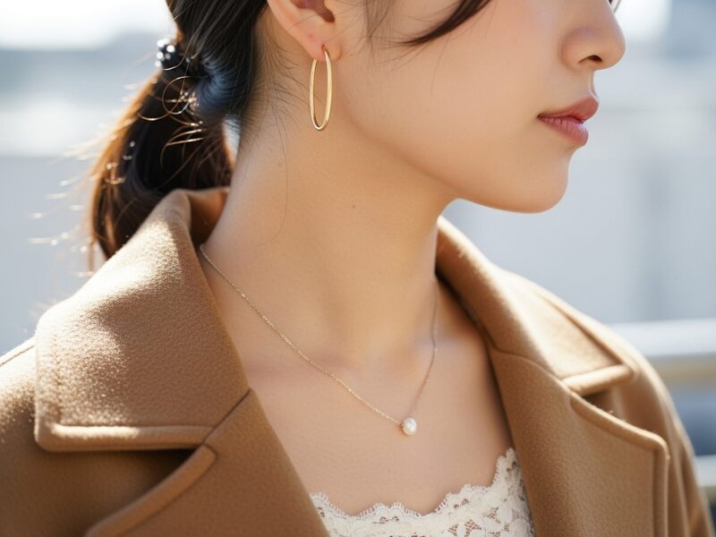 真珠の一粒パールネックレスをつけている女性画像