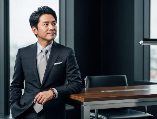 スーツを着たビジネスマン。タイガーアイのブレスレットを身につけている