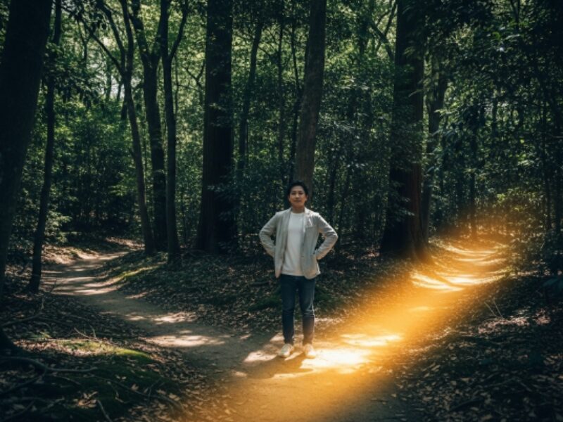 道が2つに分かれている画像。男性がどちらに行くか決断している