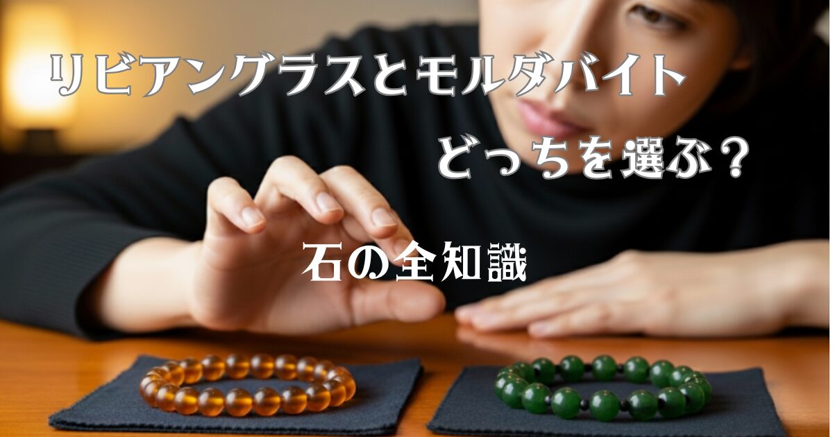 リビアングラスとモルダバイトのブレスレットでどっちにするか悩んでいる女性