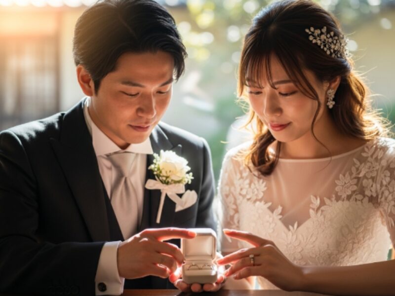 結婚式で指輪の交換をしている画像