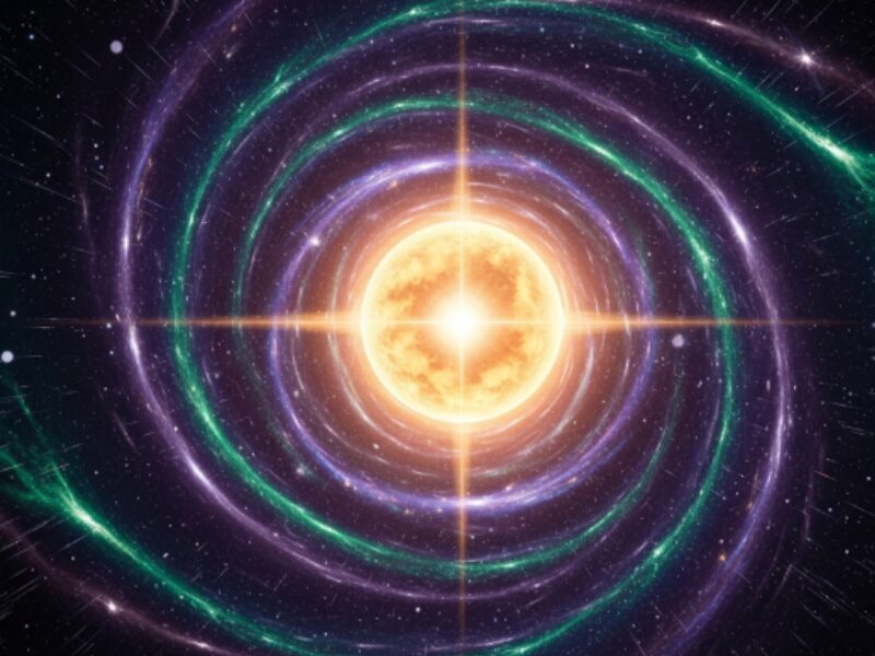 宇宙の中心で輝くエネルギーの球体と渦巻く生命力を表現したスピリチュアルな画像。