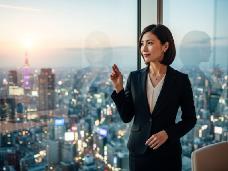 現代社会で活躍する、リーダーシップと自信に満ちた五黄の寅の日本人女性をイメージした写真。