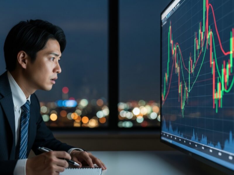 大きな成功とリスクを伴う五黄の寅の金運を表す、急上昇と急降下を繰り返す株価チャート。