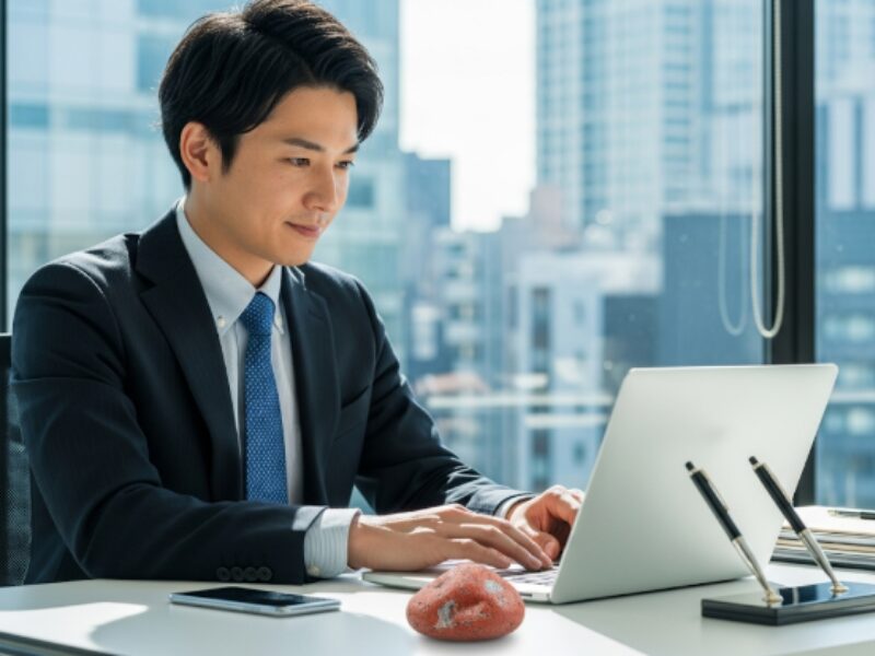 佐渡赤玉石のタンブルをデスクに置いて仕事をしている男性画像