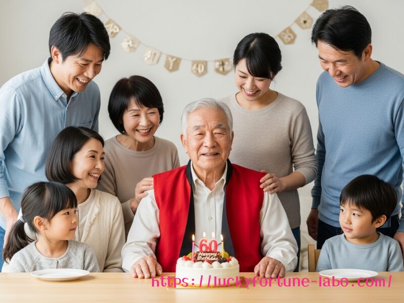 家族から還暦のお祝いをされている赤いちゃんちゃんこを着た老人