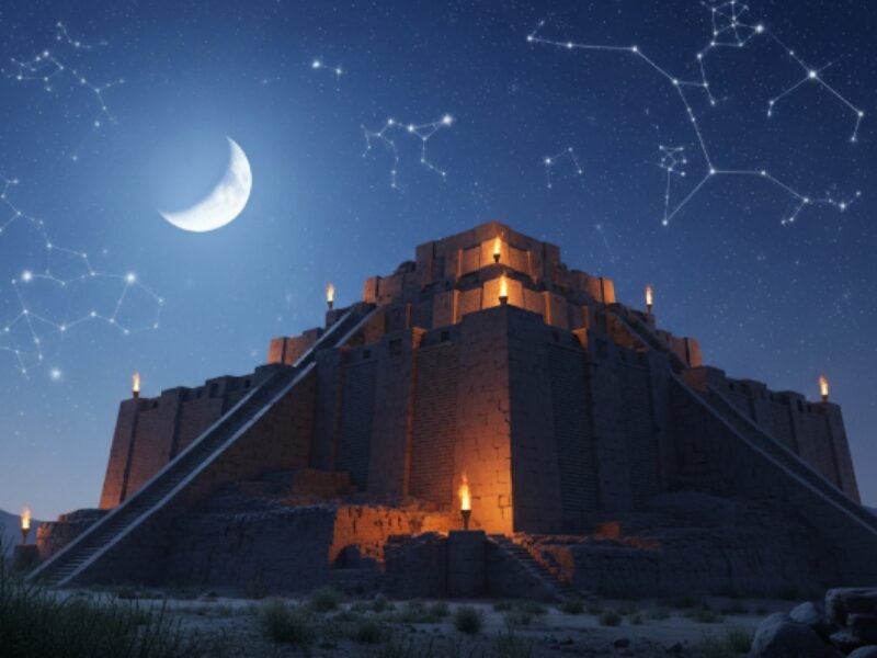 星座が浮かび上がった夜空を背景にした古代バビロニア宮殿