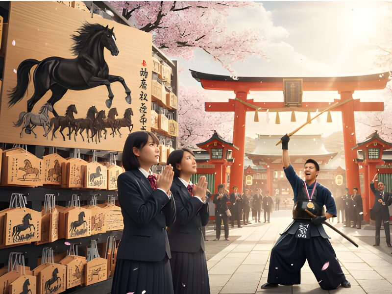 神社の絵馬の前で合格祈願と勝利祈願をしている学生